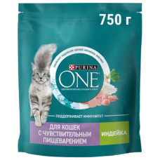Корм Purina One для Кошек с Чувствительным Пищеварением Сухой Индейка Рис 750 гр