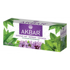 Чай АКБАР  зеленый байховый  мелкий с натуральными добавками мелиссы и вербены 25 пак с/я