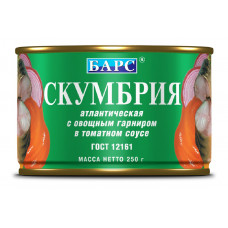 Консервы Рыбные Барс Скумбрия Атлантическая с Овощным Гарниром в Томатном Соусе 250 гр ж/б с Ключом
