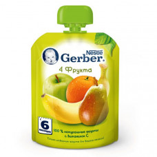 Пюре Gerber фруктовое 4 фрукта дой-пакет 90 гр  Nestle